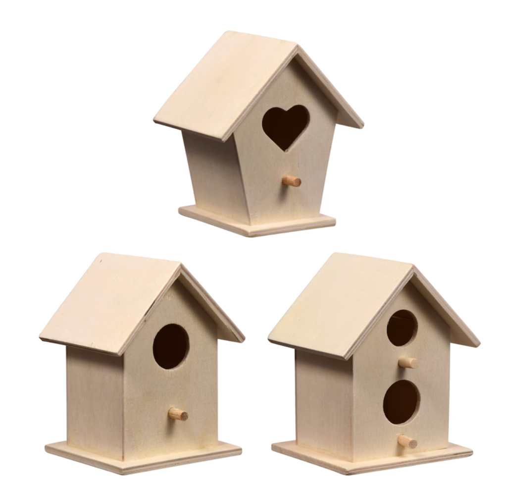 Dollar Tree's collection of wooden birdhouses that can be painted and decorated