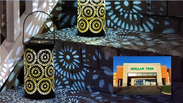 Dollar Tree solar lanterns glowing on a stair case; inset of a Dollar Tree store