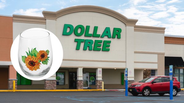Dollar Tree store with inset of sunflower stemless wine glass