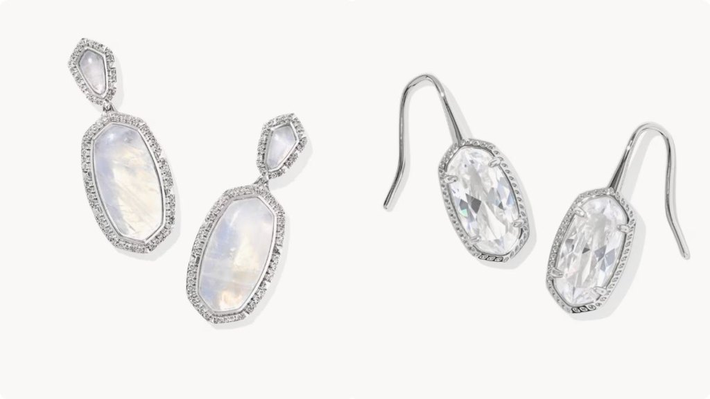 Left: Dani 14k White Gold Statement Earrings; Right: Lee Luxe Silver Drop Earrings