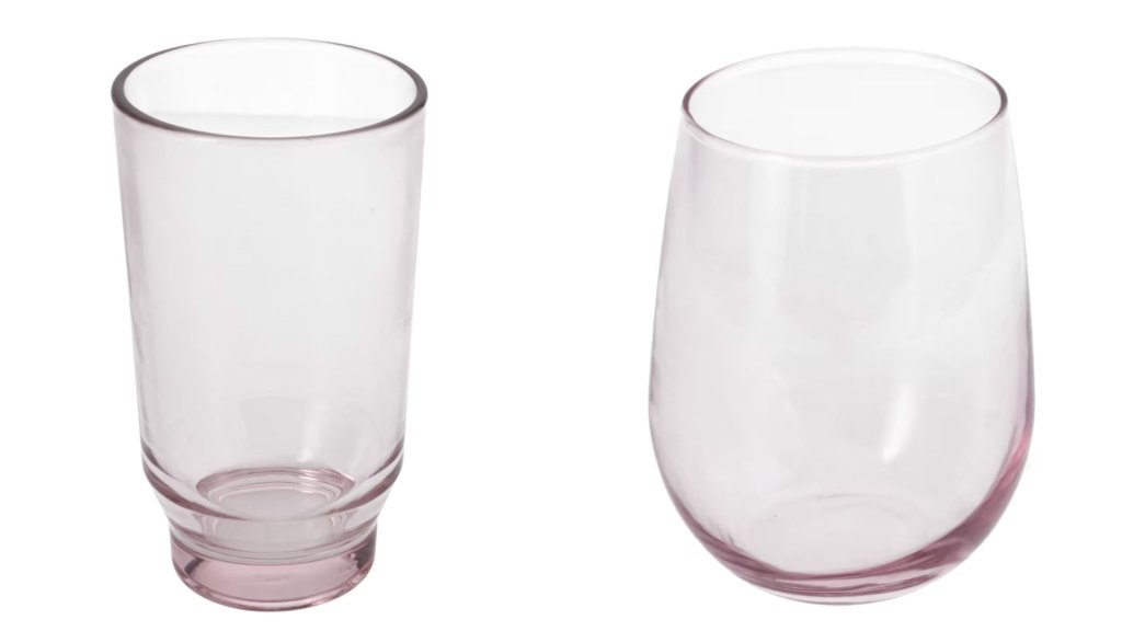 Pink tumbler glass and stemless wine glass