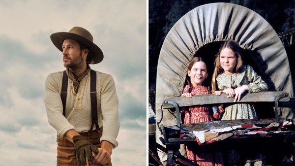 Luke Bracey as Pa Ingalls in 'Little House on the Prairie' (2026) // Melissa Gilbert and Melissa Sue Anderson in 'Little House on the Prairie' (1974)
