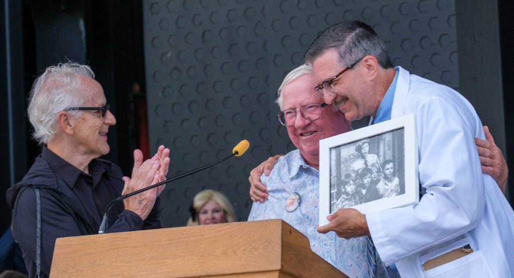 Keith Thibodeaux, Dennis Rush and Allan Newsome (as Floyd the Barber) during the Mayor's proclamation of Mayberry Day 2025.