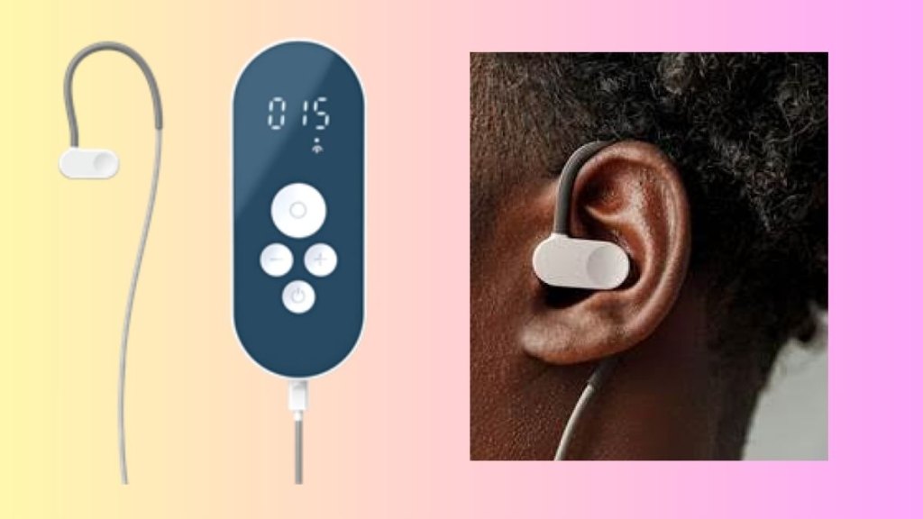 We see a product shot of a Nuropod vagus nerve stimulating device and a woman modeling the device clipped to her ear.