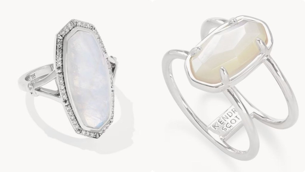 Left: Dani 14k White Gold Cocktail Ring; Right: Elyse Sterling Silver Double Band Ring in Ivory Mother-of-Pearl