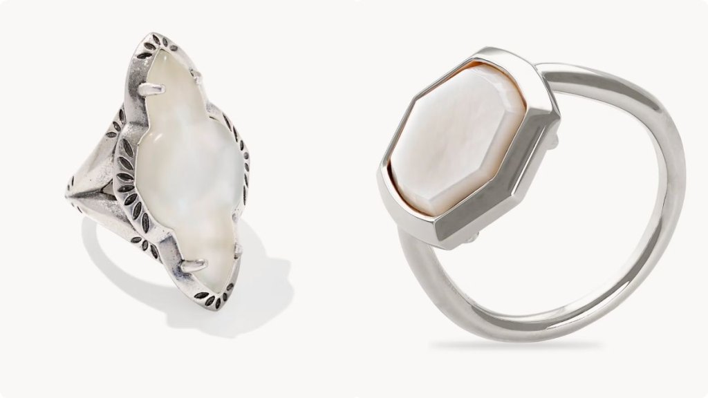 Left: Abbie Vintage Silver Etch Frame Cocktail; Right: Davis Sterling Silver Cocktail Ring in Ivory Mother-of-Pearl
