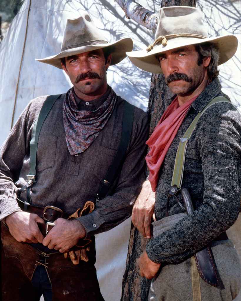 American actors Tom Selleck (left) and Sam Elliott as Orrin and Tell Sackett in 'The Sacketts', directed by Robert Totten, 1979. (Photo by Silver Screen Collection/Getty Images)
