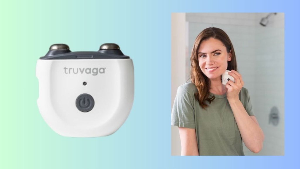 We see a Truvaga vagus nerve stimulating device, and a model using it on her neck.