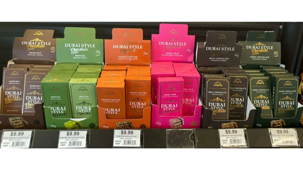 A row of Dubai-style chocolate in different flavors at Ace Hardware.