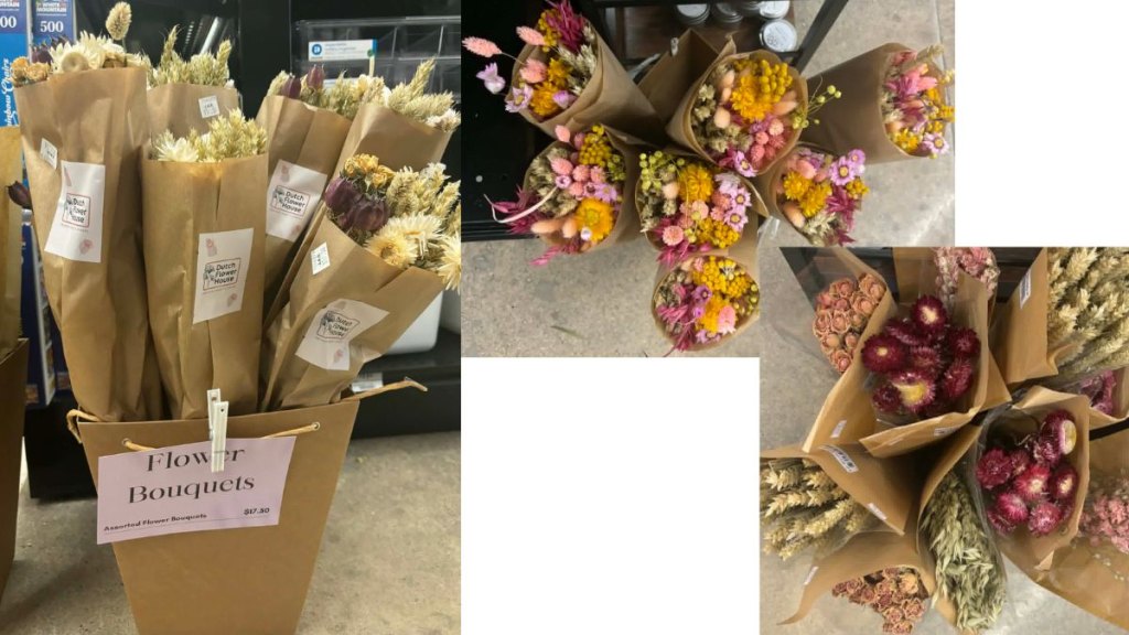 Bouquets of dried flowers sold at Ace Hardware.
