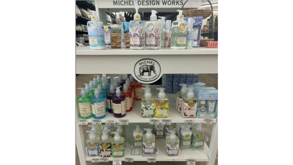 Shelves of decorative liquid soap bottles at Ace Hardware.