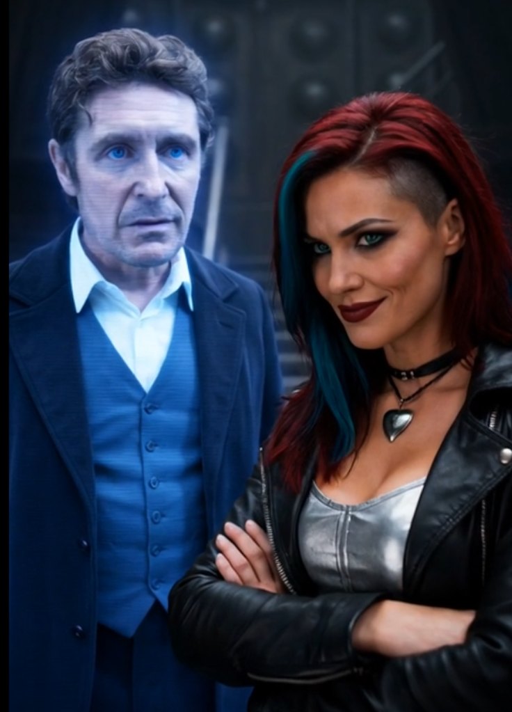 The Eighth Doctor (Paul McGann) with The Battle-Doctor in an AI-created image.