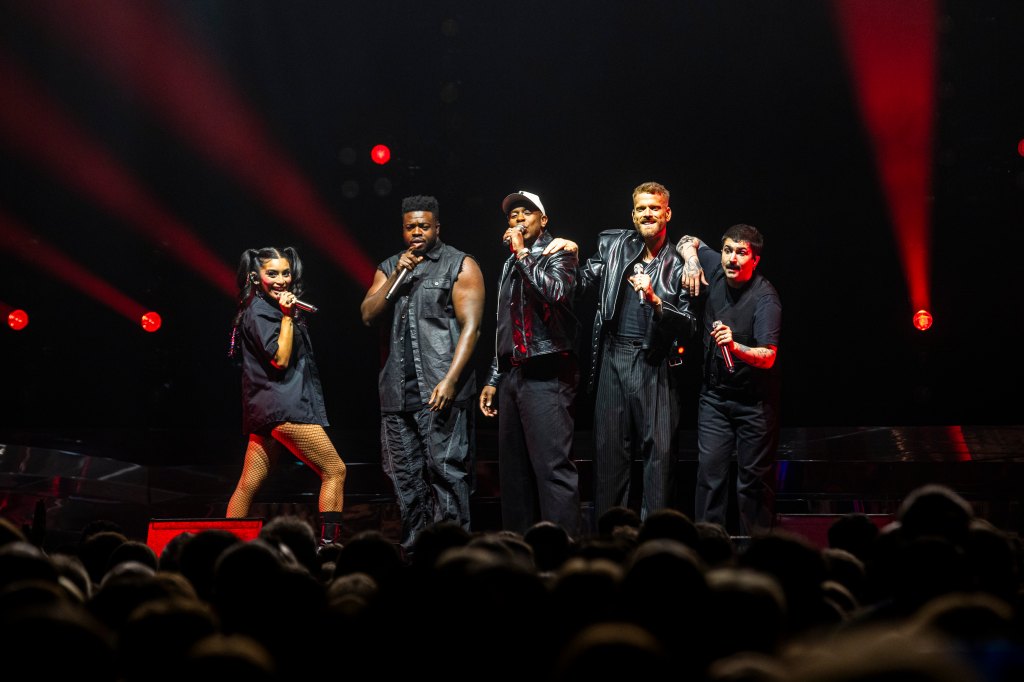 BERLIN, GERMANY - APRIL 18: Band members of Pentatonix perform live on stage during a concert at Velodrom on April 18, 2026 in Berlin, Germany. (Photo by Gina Wetzler/Redferns)
