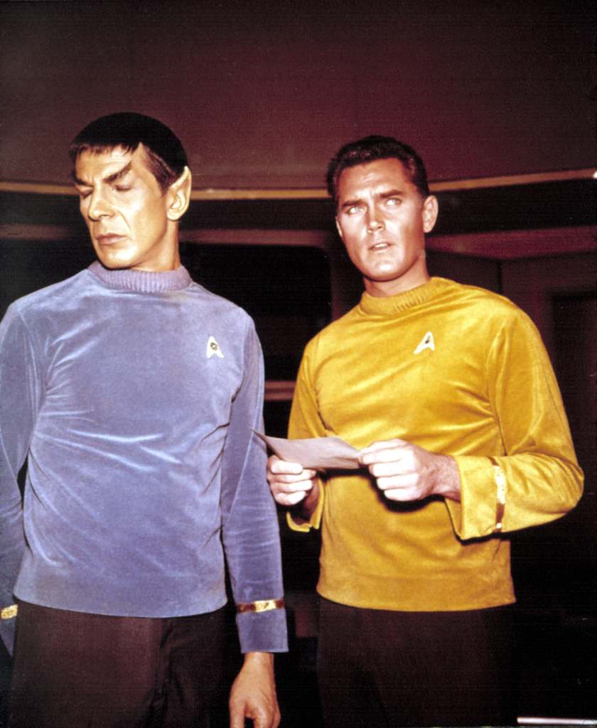 Jeffrey Hunter, Leonard Nimoy, on the bridge of the Enterprise, in the Pilot episode: The Cage, 1965. 