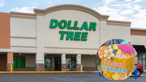 Dollar Tree store with an inset of "Aloha Summer" wall decor