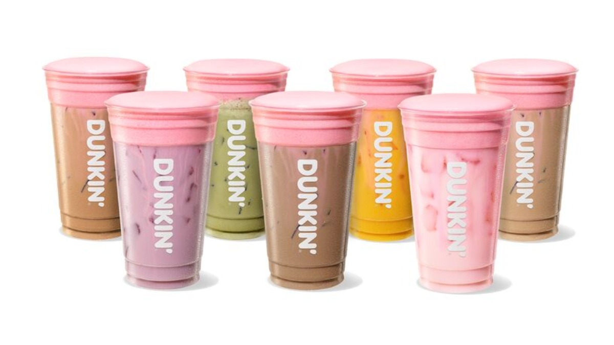 Dunkin' beverages featuring Barbie Pink Strawberry Cold Foam