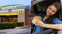 McDonald's fast food restaurant (left) and a woman in drive through holding a burger (right)
