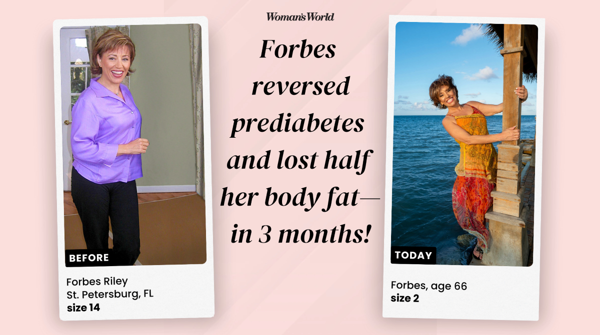 Forbes Riley before (left) and after (right) her health transformation where she reversed her prediabetes