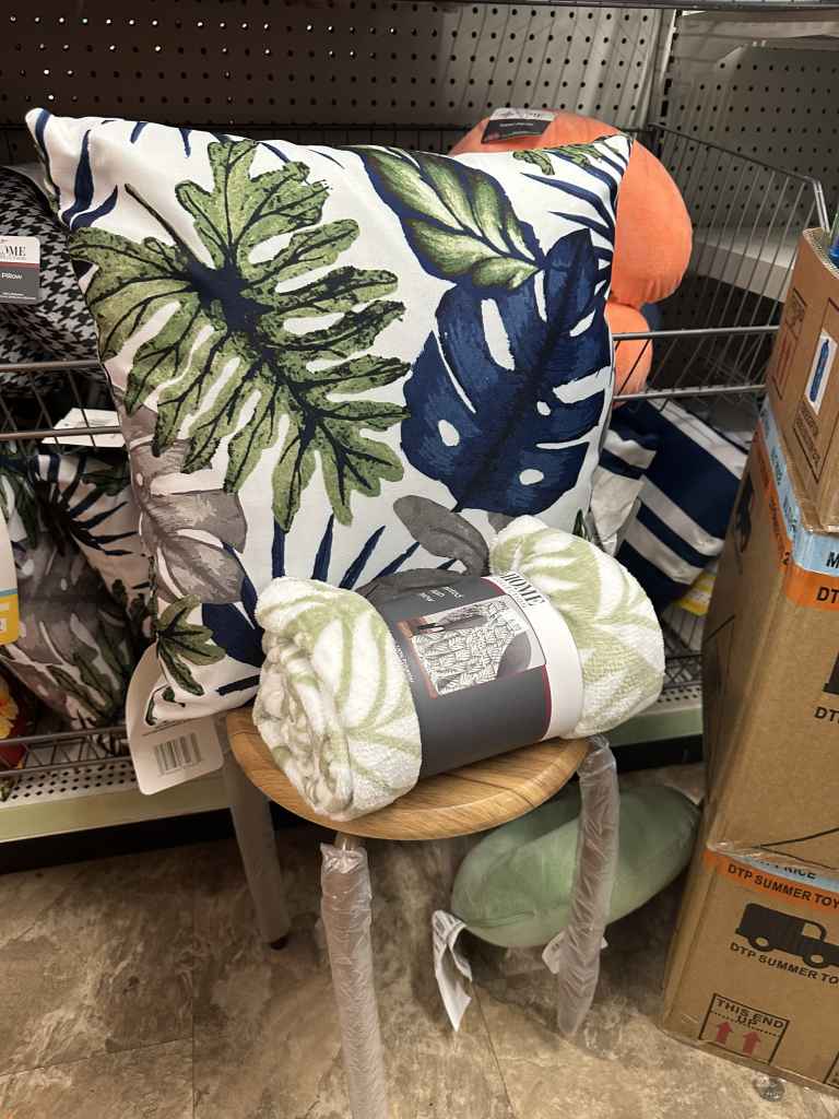 Tropical print pillow and throw from Dollar Tree