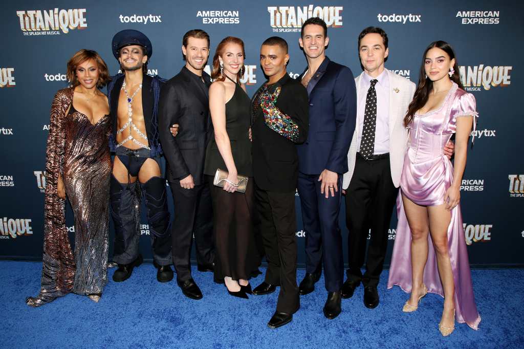 NEW YORK, NEW YORK - APRIL 12: (L-R) Deborah Cox, Frankie Grande, Constantine Rousouli, Marla Mindelle, Layton Williams, John Riddle, Jim Parsons and Melissa Barrera pose at the opening night of the new musical "Titanique" on Broadway at The St James Theater on April 12, 2026 in New York City. (Photo by Bruce Glikas/FilmMagic)