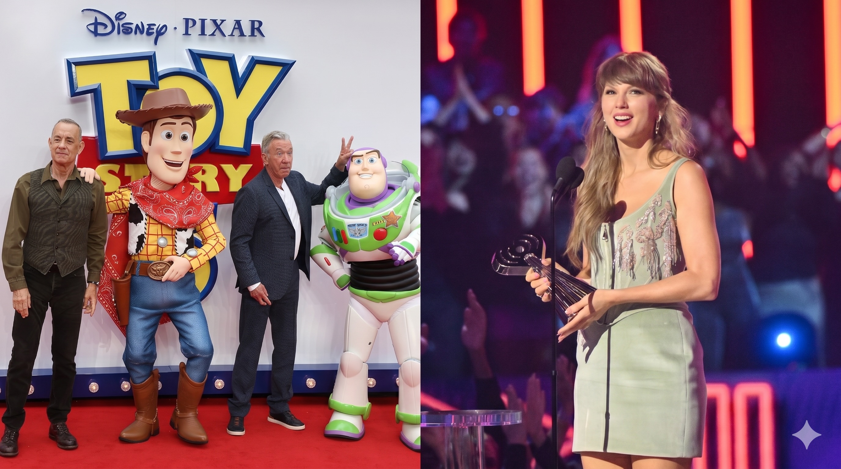 Double image of Toy Story 5 UK premiere and Taylor Swift at an awards show