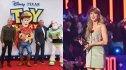 Double image of Toy Story 5 UK premiere and Taylor Swift at an awards show