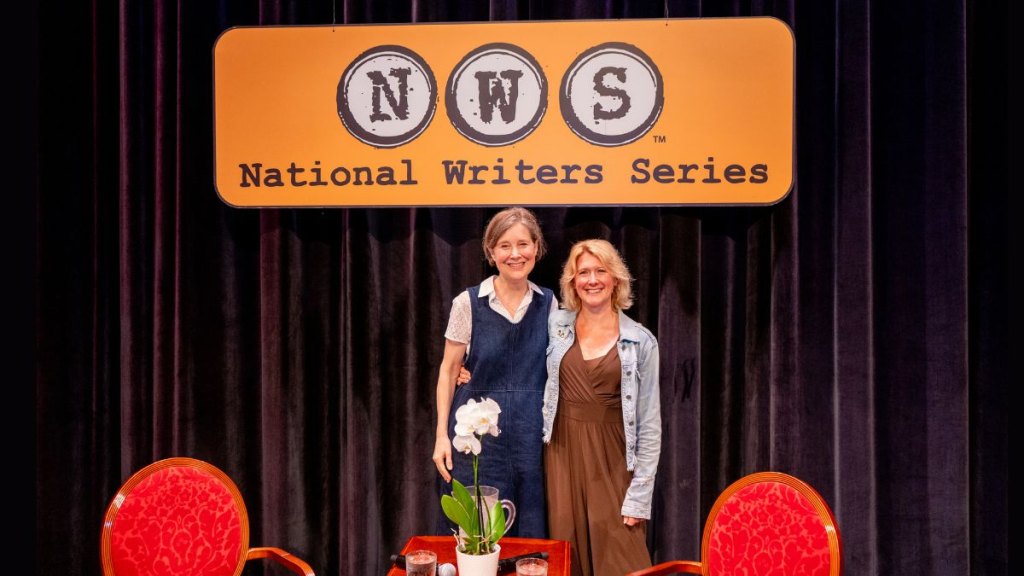 Author Ann Patchett and interviewer Erin Anderson Whiting stand on the National Writers Series stage.