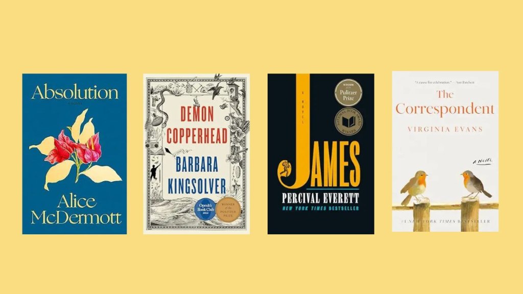 Four book covers for past Ann patchett book predictions, including Absolution, Demon Copperhead, James and The Correspondent.