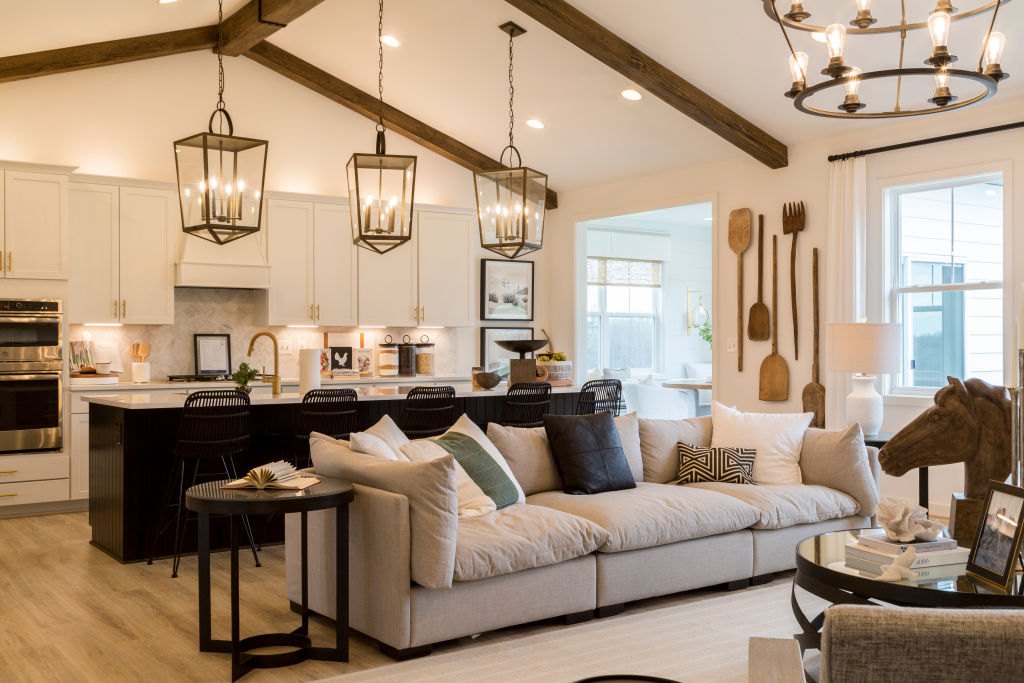 A living area with modern farmhouse decor