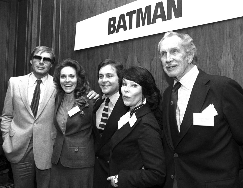 'BATMAN' cast members: , Adam West (left), Lee Meriwether (2nd left), Burt Ward (center), Yvonne Craig (2nd right) and Vincent Price and pose at luncheon at Century Plaza Hotel, April 13, 1983 in Los Angeles.