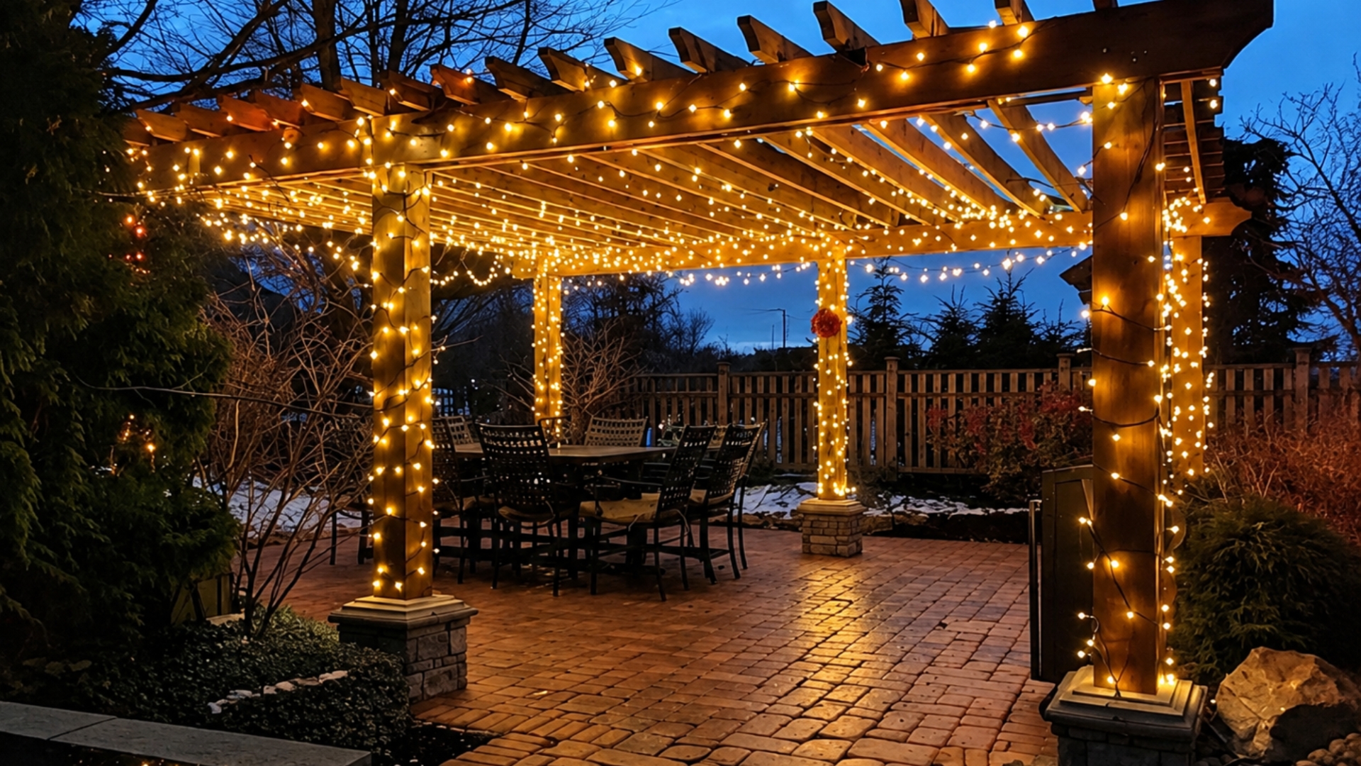 Outdoor patio illuminated with customizable Link’n Lights string lighting.