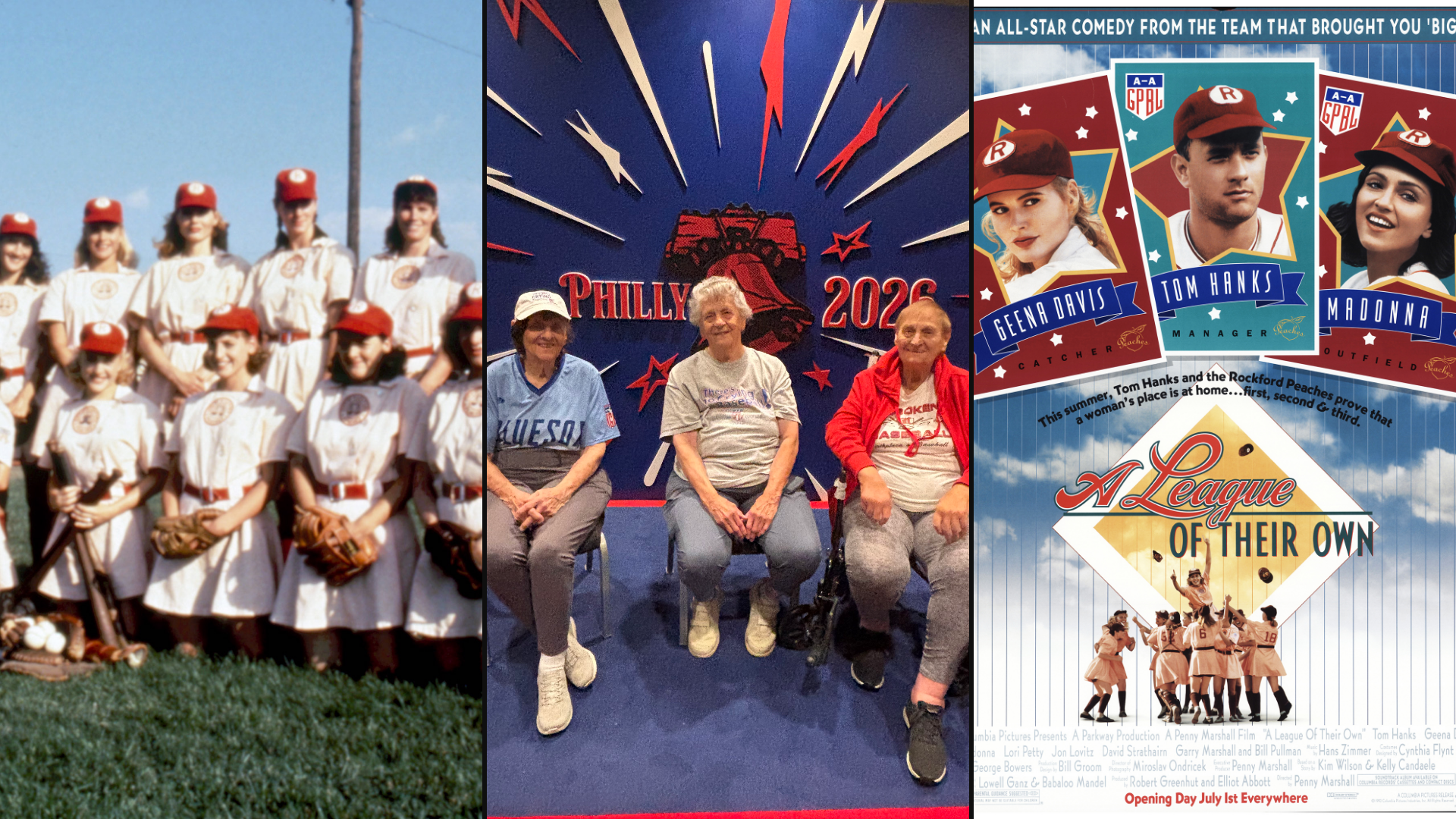 Three-part image of A League of Their Own Cast; original All-American Girls Professional Baseball League players now; and A League of Their Own 1992 movie poster.