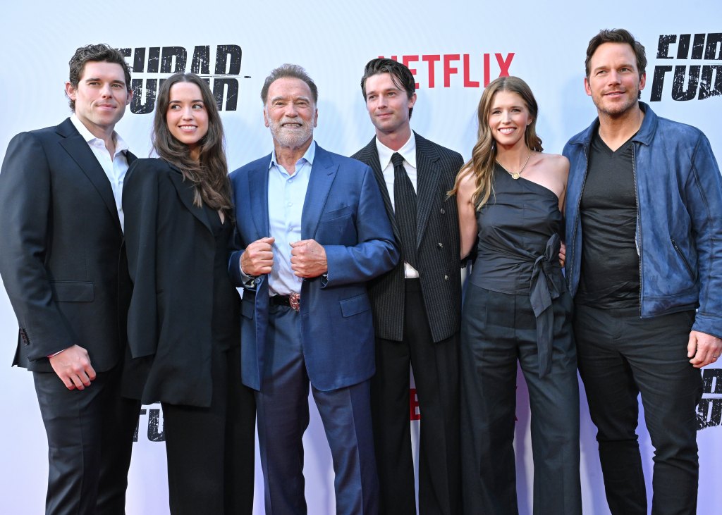 LOS ANGELES, CALIFORNIA - JUNE 11: (L-R) Christopher Schwarzenegger, Christina Schwarzenegger, Arnold Schwarzenegger, Patrick Schwarzenegger, Katherine Schwarzenegger, and Chris Pratt attend Netflix's "FUBAR" Season 2 Los Angeles Premiere at Netflix Tudum Theater on June 11, 2025 in Los Angeles, California. (Photo by Axelle/Bauer-Griffin/FilmMagic)