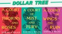 Dollar Tree sign plus the first three books in the A Court of Thorns and Roses series
