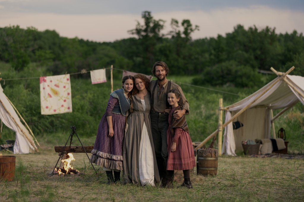 Skywalker Hughes as Mary Ingalls, Crosby Fitzgerald as Caroline Ingalls, Luke Bracey as Charles Ingalls and Alice Halsey as Laura Ingalls in 'Little House on the Prairie'