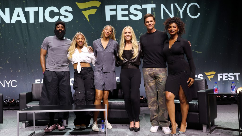 NEW YORK, NEW YORK - JULY 17: (L-R) James Harden, Serena Williams, Candace Parker, Lindsey Vonn, Tom Brady, and Taylor Rooks speak onstage during A Seat At The Table: The Future of Women's Sports Ownership panel at Fanatics Fest NYC 2026 at Jacob Javits Center on July 17, 2026 in New York City. (Photo by Kevin Mazur/Getty Images for Fanatics)