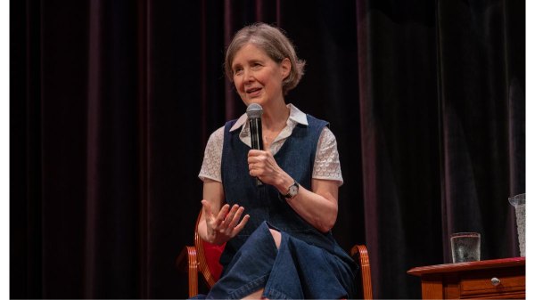 Author Ann Patchett talks from the National Writers Series stage in Michigan on book tour