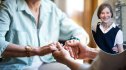 A photo of two older women holding hands in a caregiving relationship, with an inset photo of author Ann Patchett