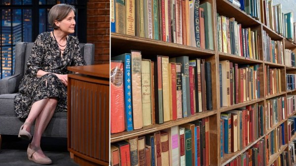 Author Ann Patchett next to a bookshelf of classic books.
