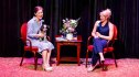 Author Ann Patchett on stage with her dog Sparky