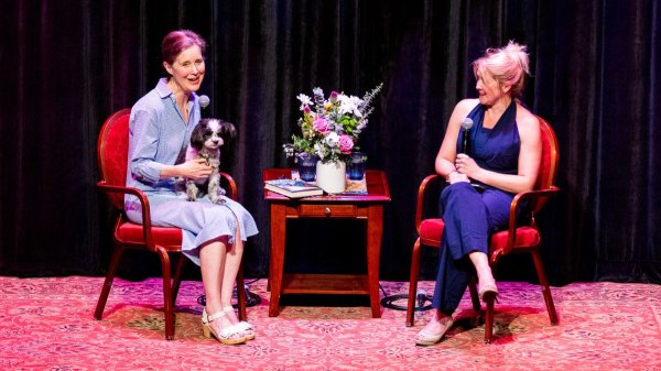 Author Ann Patchett on stage with her dog Sparky