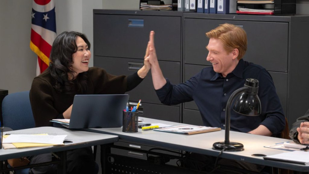 Ramona Young and Domhall Gleeson in 'The Paper' Season 2
