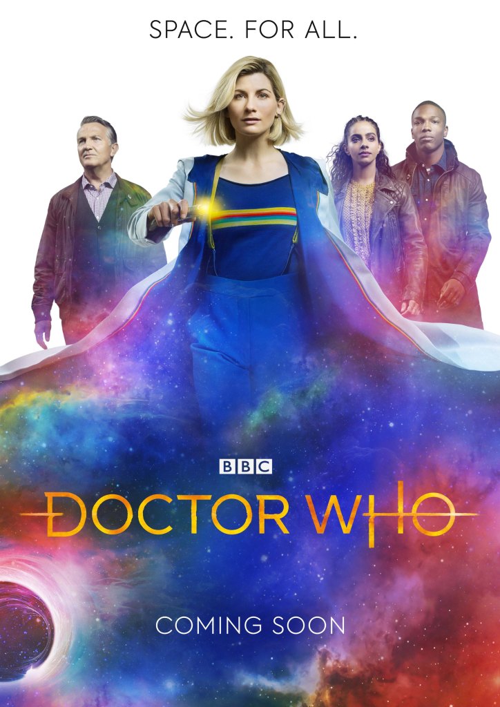 DOCTOR WHO, poster, from left: Bradley Walsh, Jodie Whittaker, Mandip Gill, Tosin Cole, (Season 12, premieres Jan. 1, 2020).