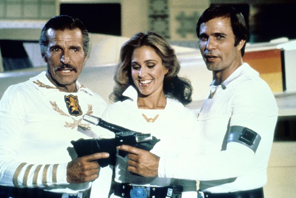 BUCK ROGERS IN THE 25TH CENTURY, Larry 'Buster'Crabbe, Erin Gray, Gil Gerard in 'Planet of the Slave Girls: Parts 1 and 2' (Season 1, Episodes 3 and 4, aired September 27, 1979), 1979-81.
