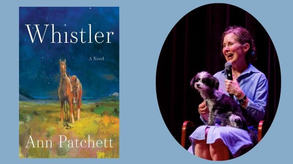 A cover of the book 'Whistler' next to a photo of author Ann Patchett.