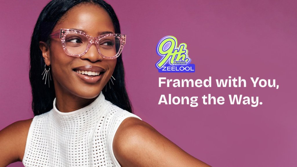 Woman wearing stylish ZEELOOL eyeglasses during the brand's anniversary campaign.