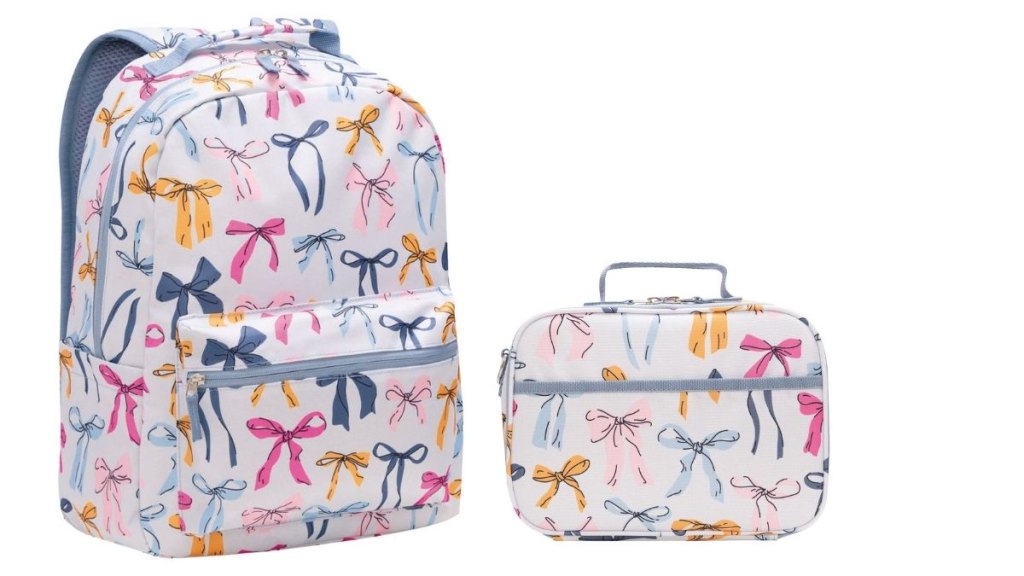 Aldi bow-patterened backpack and lunch bag
