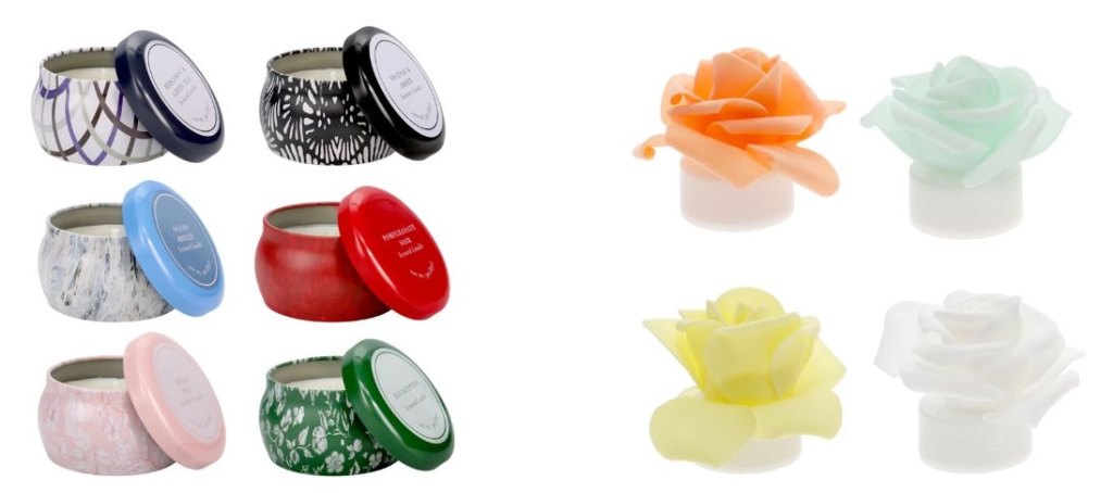 Dollar Tree's colorful scented candles in tins and LED luminescence flowers