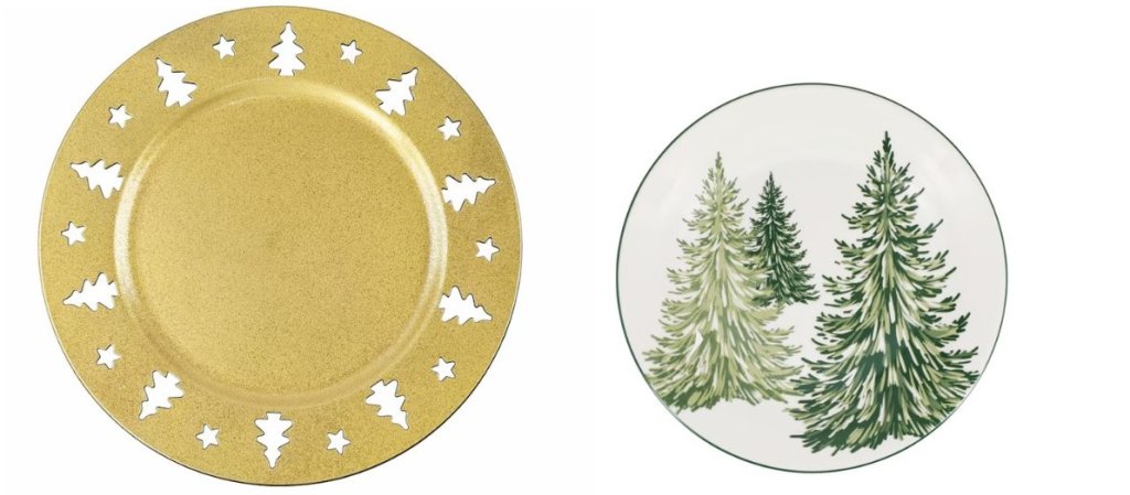 Dollar Tree gold cut-out charger and winter-themed plate