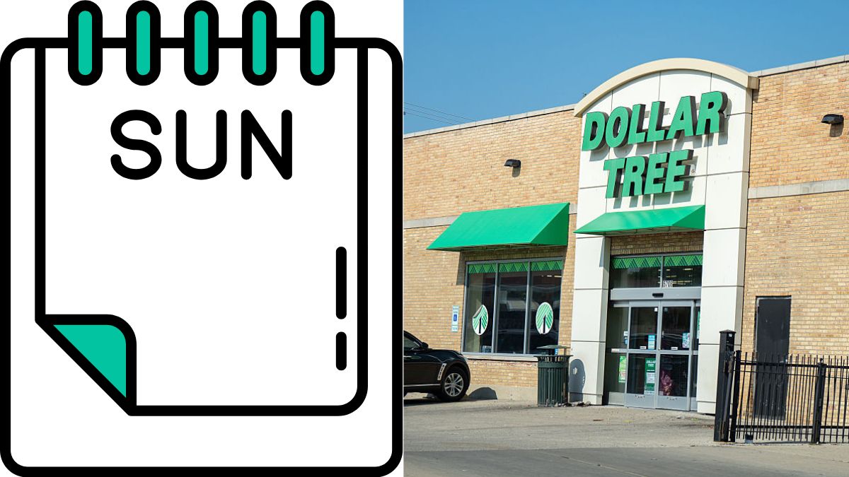A calendar page open to Sunday and a Dollar Tree storefront